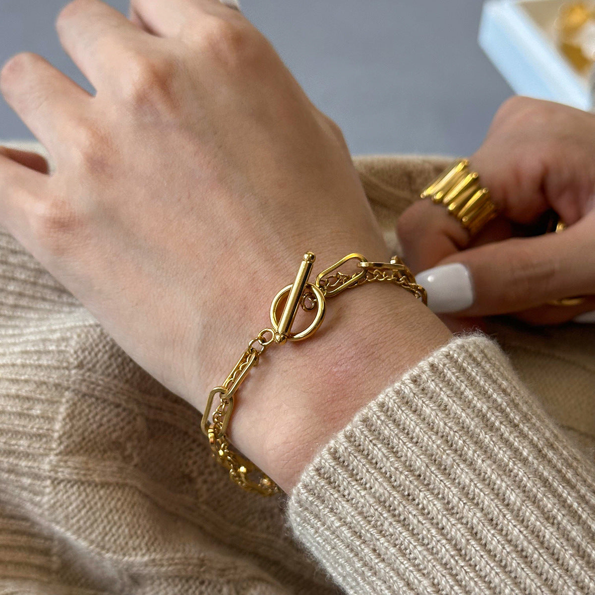 Stainless steel ot buckle plain ring multi-layer bracelet