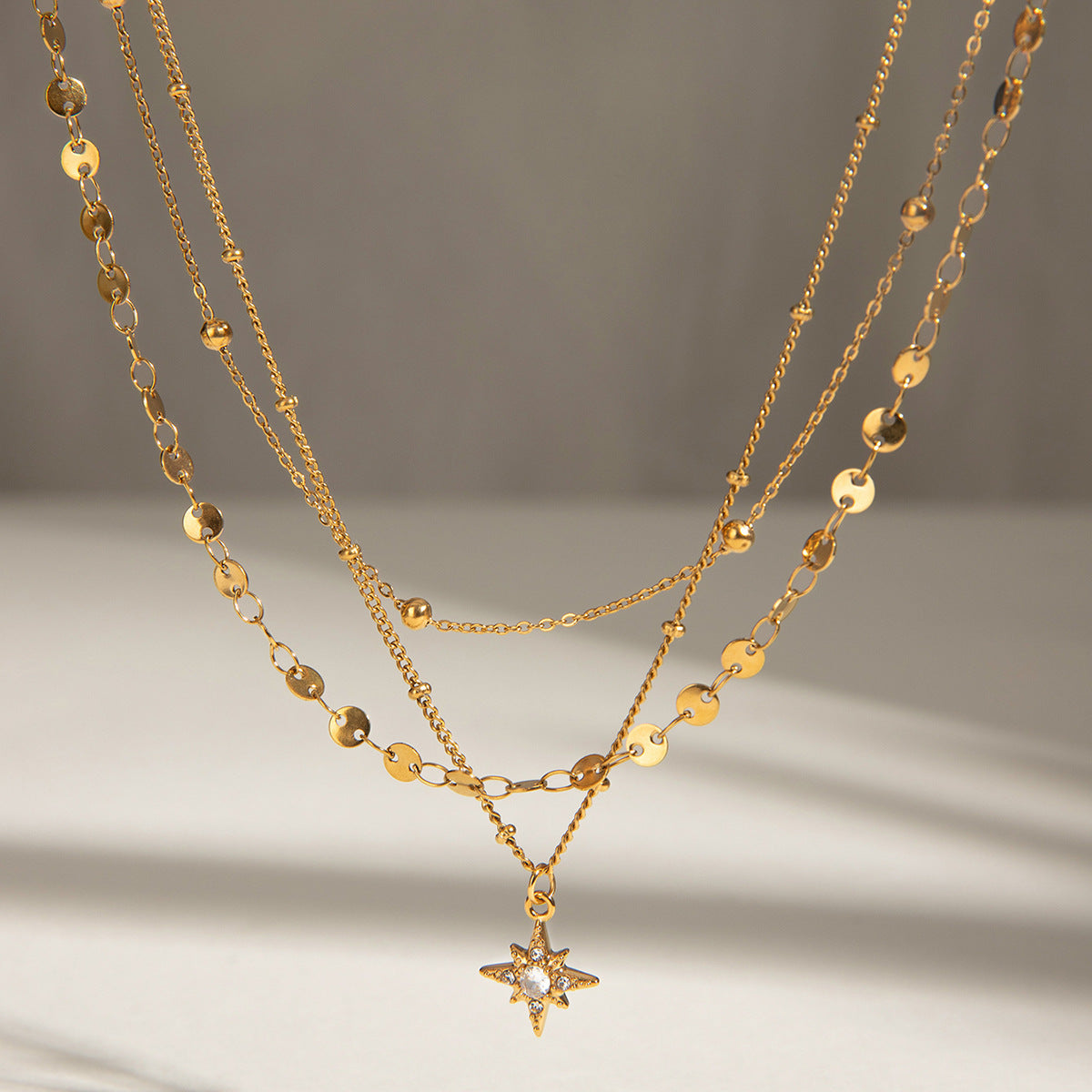 Stainless steel tetragonal star pendant three-layer necklace