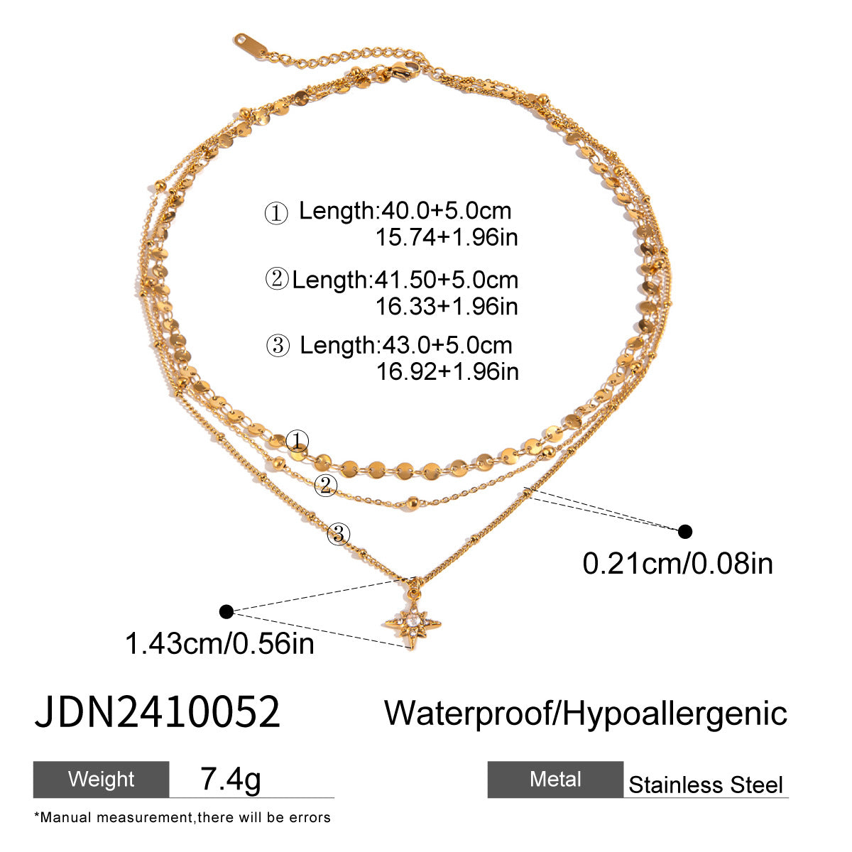 Stainless steel tetragonal star pendant three-layer necklace