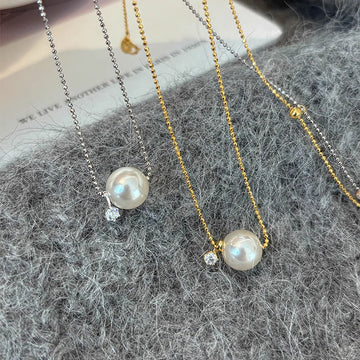 S925 Sterling Silver Single Diamond Imitation Pearl Necklace