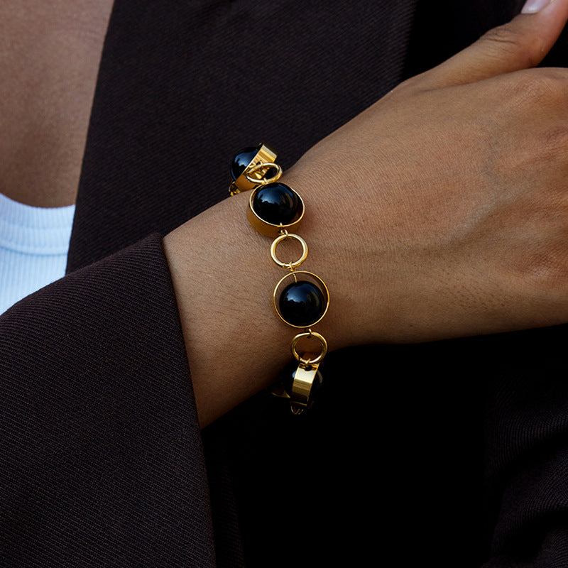 Stainless steel black glass bead OT buckle bracelet