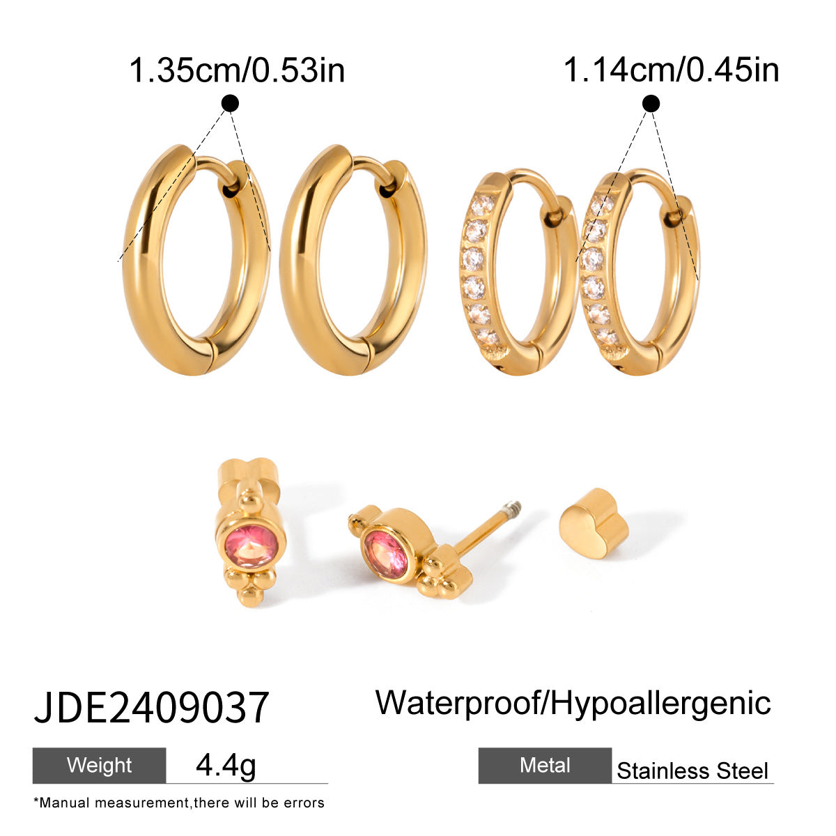 Three pairs of stainless steel zircon stud earrings