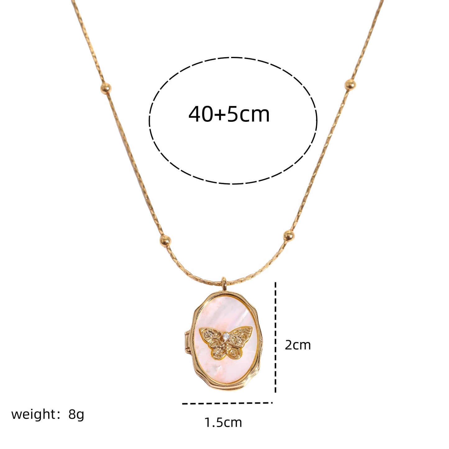 Butterfly shell photo frame necklace can be opened and closed.