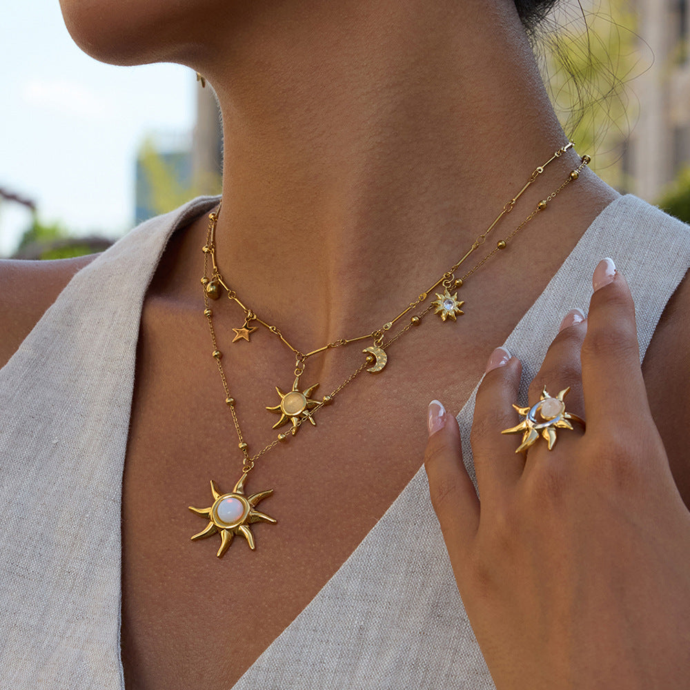 Sun stud earrings necklace stainless steel set