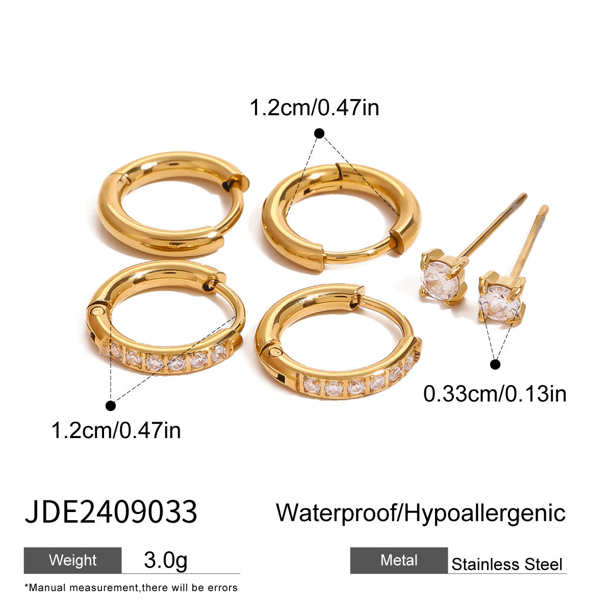 Three pairs of stainless steel zircon stud earrings