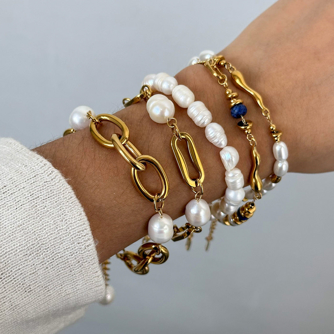 Stainless steel pearl stacked bracelet
