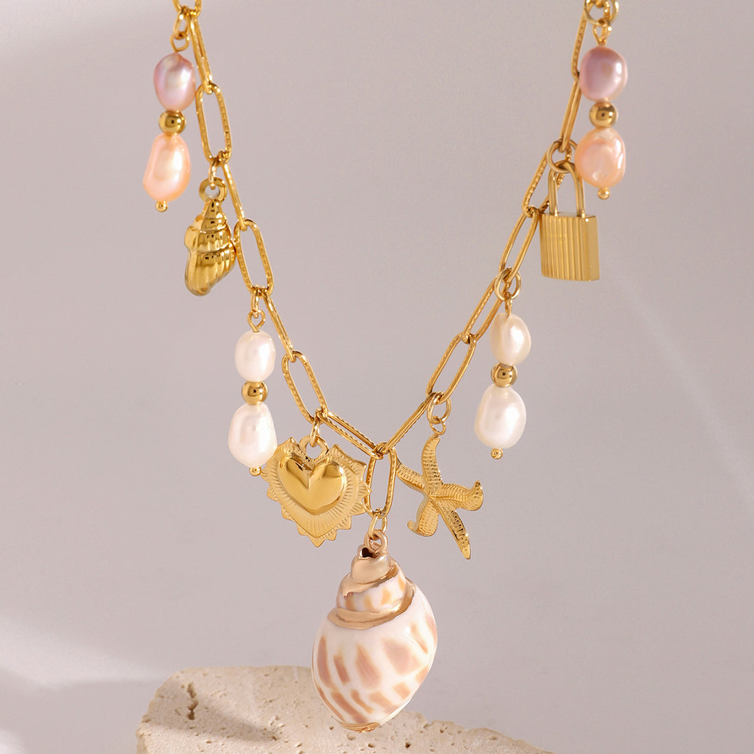 Stainless Steel Love Pearl Pendant Pink Vacation Ocean Necklace