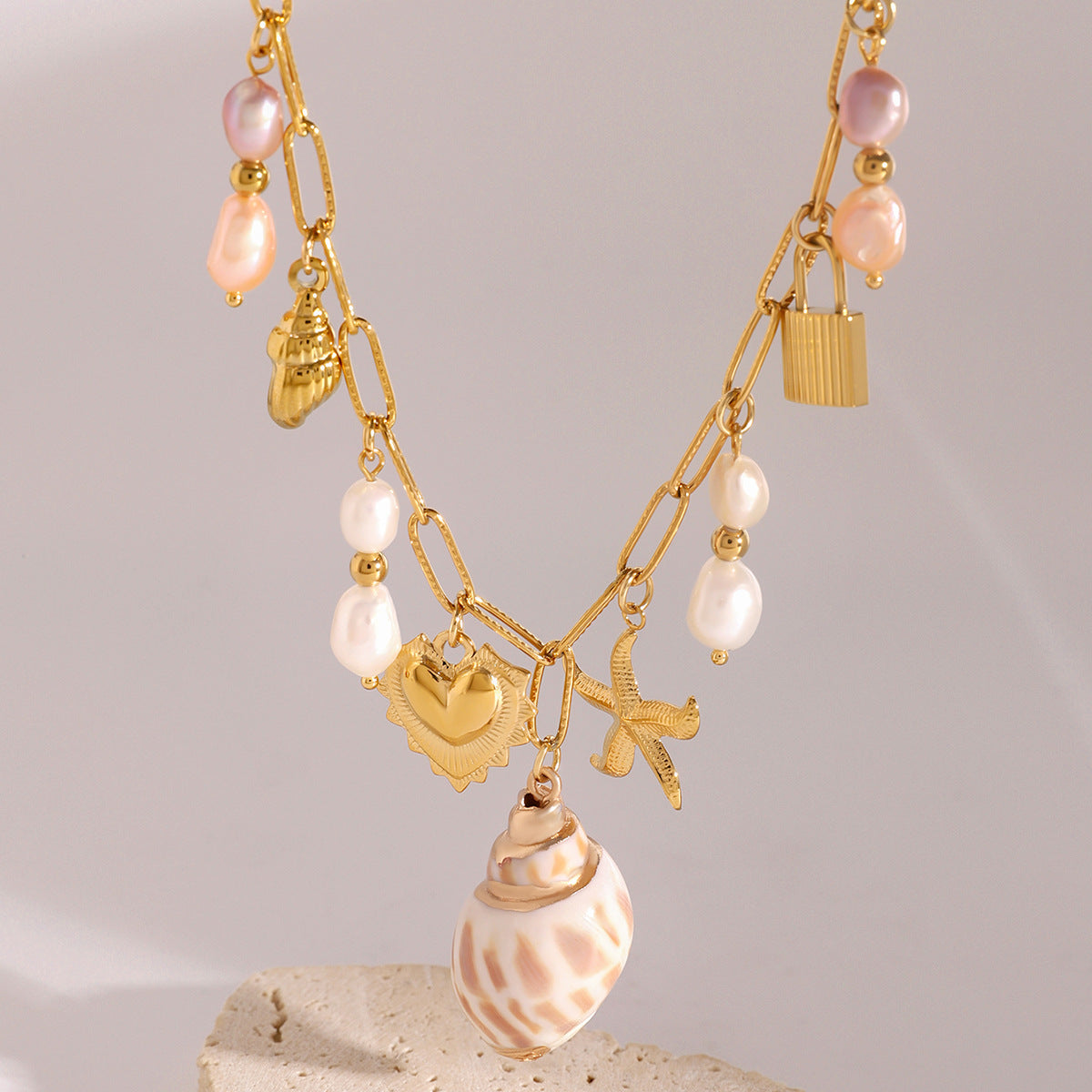 Stainless Steel Love Pearl Pendant Pink Vacation Ocean Necklace