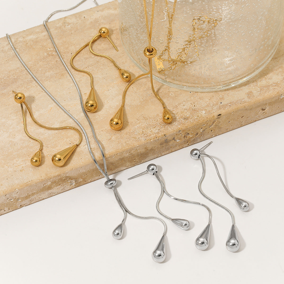 Long pullable water drop pendant necklace earrings set