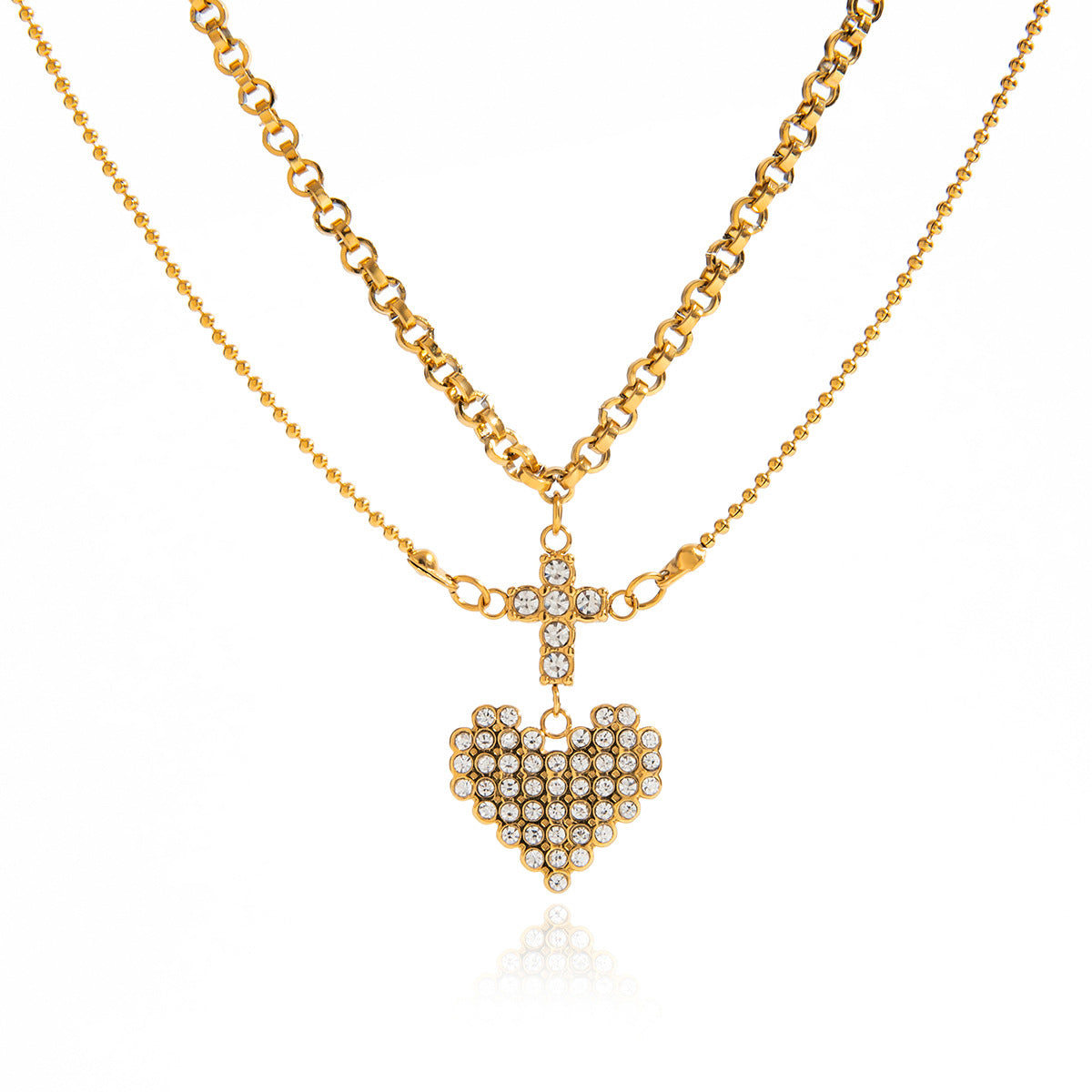 Stainless Steel Cross with Diamond Love Pendant Double Layer Stacked Necklace