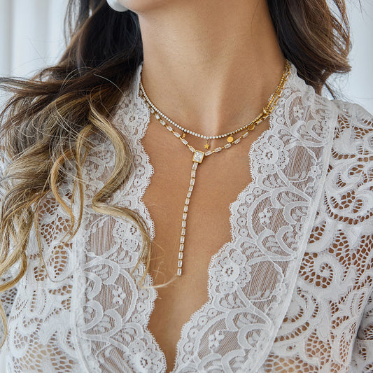 Stainless steel zircon y-shaped sweater chain necklace