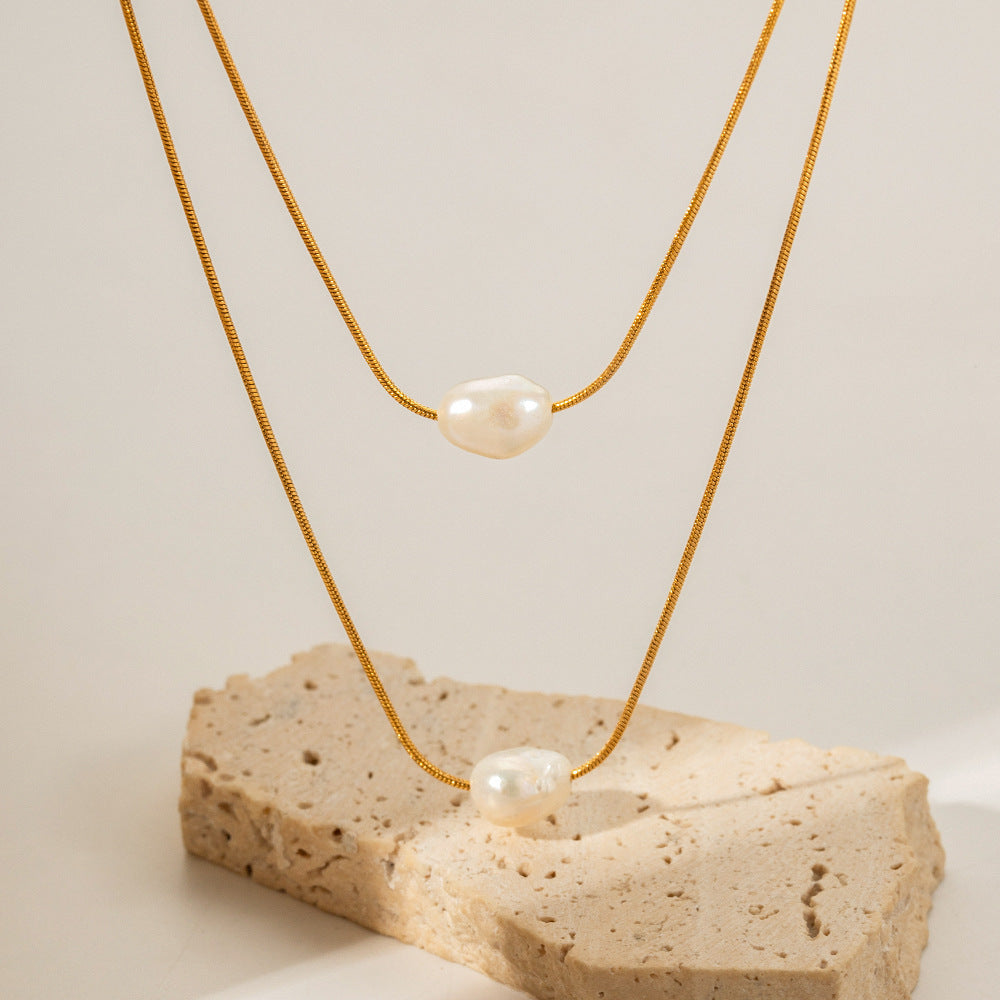 Stainless steel freshwater pearl double-layer non-fading necklace
