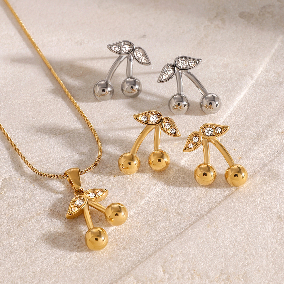 Cherry Set Stainless Steel Stud Earrings Necklace