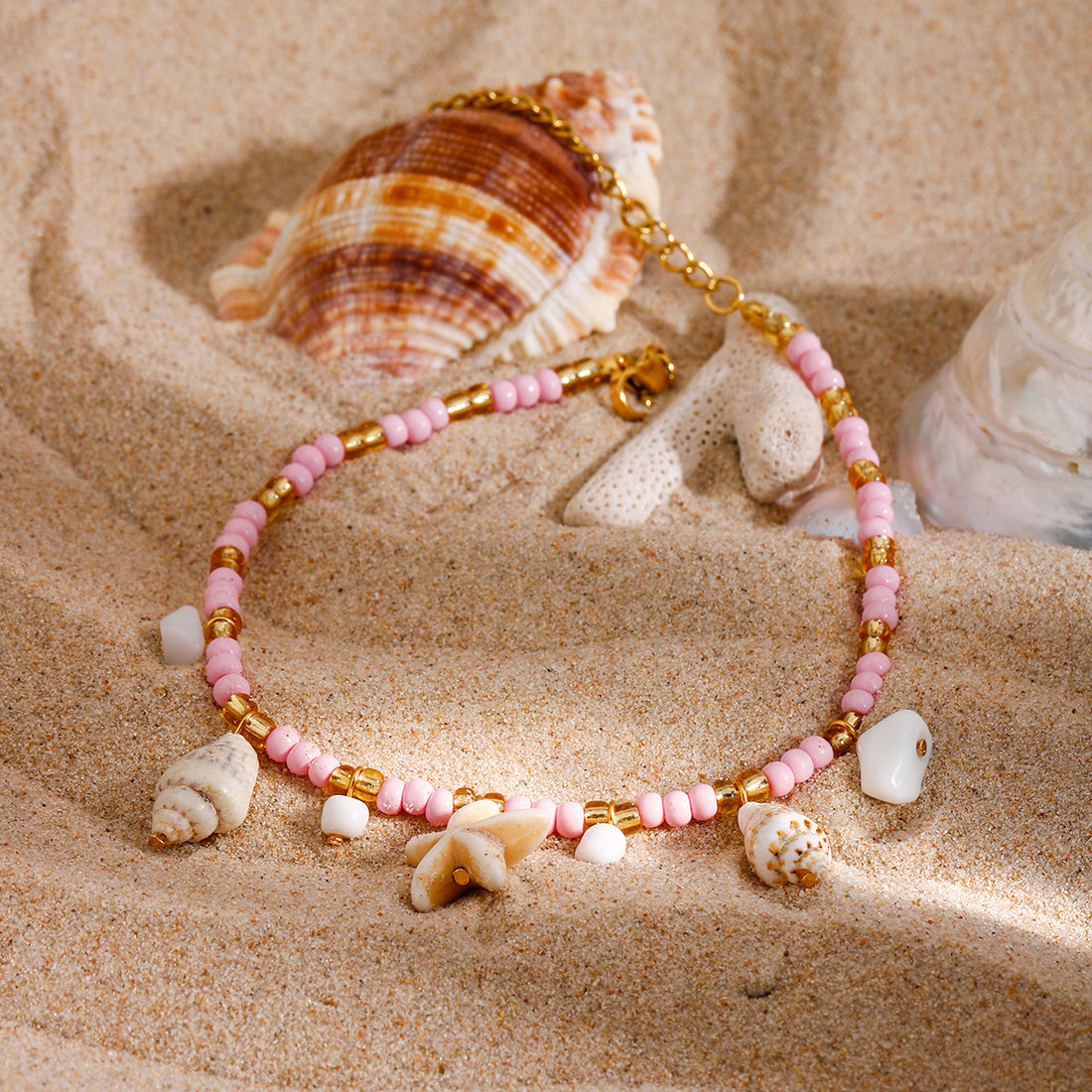 Beach natural stone pendant pink rice bead anklet