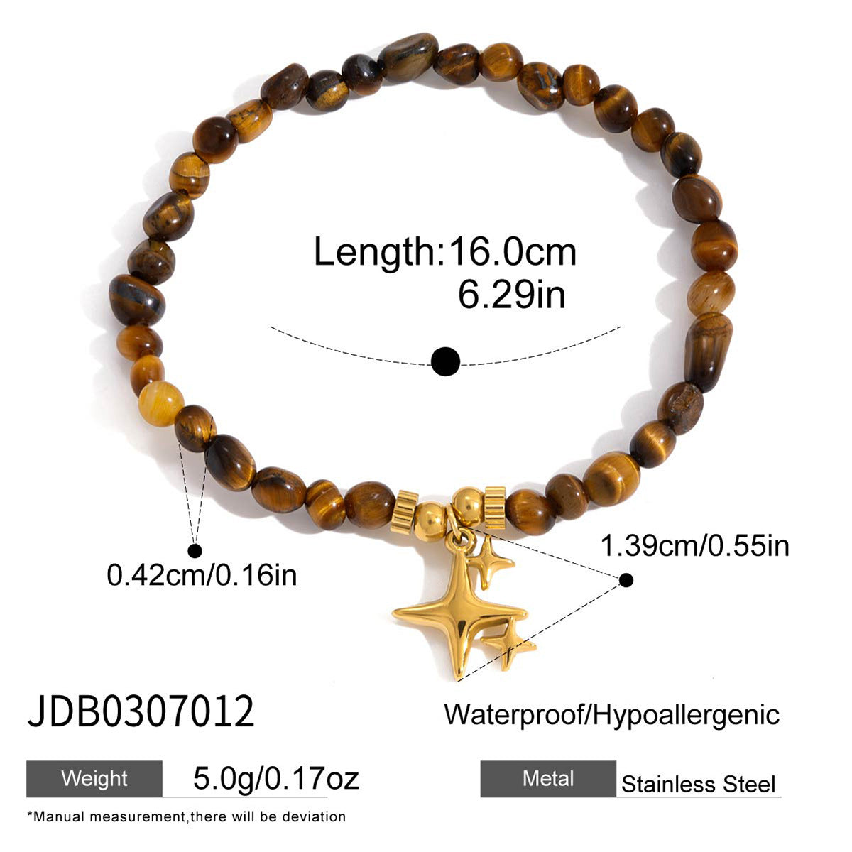 Tiger's eye four-pointed star stainless steel beaded bracelet