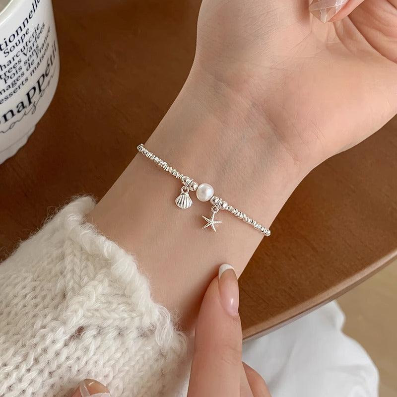 S925 Sterling Silver Shredded Silver Starfish Shell Bracelet