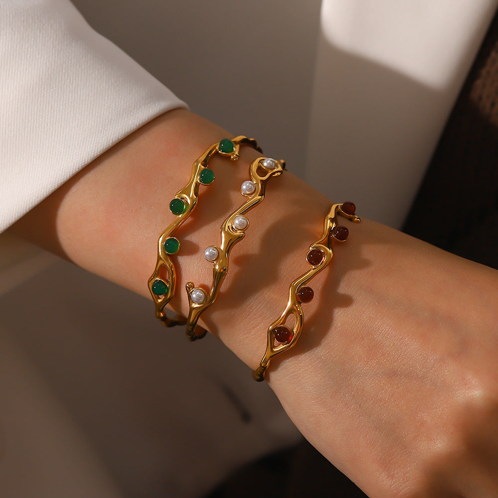 Natural stone imitation pearl opening titanium steel bracelet