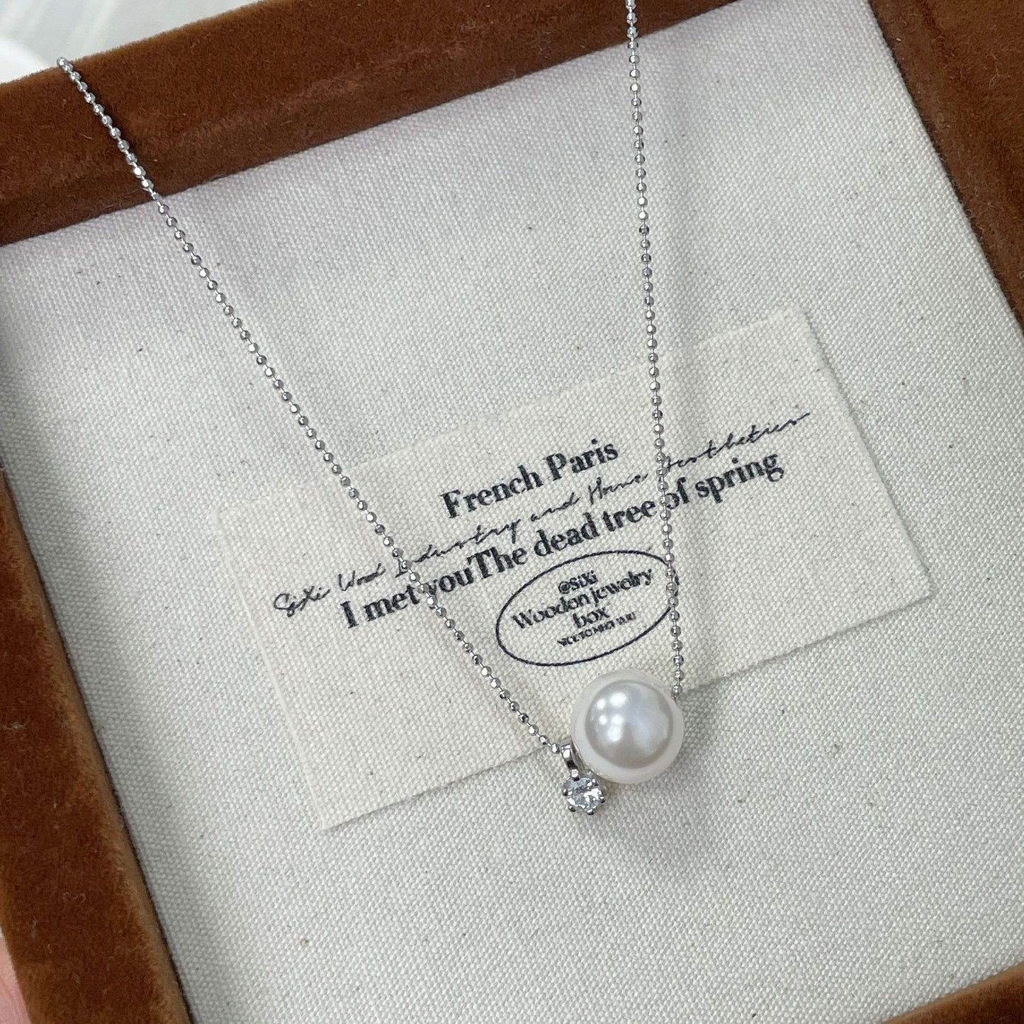 S925 Sterling Silver Single Diamond Imitation Pearl Necklace