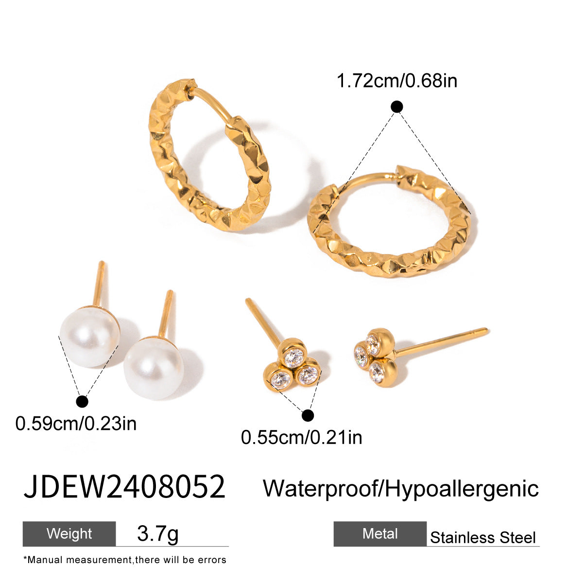 Three pairs of stainless steel zircon stud earrings