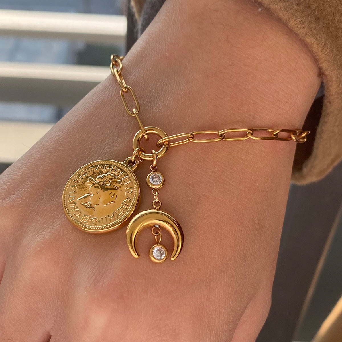 Titanium steel zircon coin moon zircon bracelet