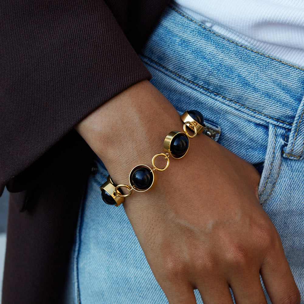Stainless steel black glass bead OT buckle bracelet