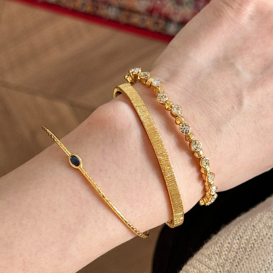 Blue Zircon Vertical Wide-Edge Thin Half-Bangle Bracelet (Gold Version)