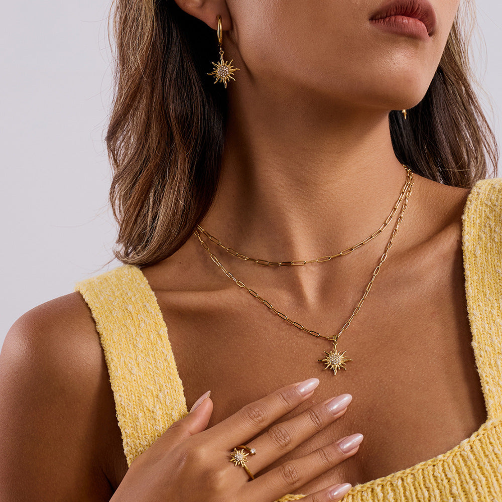 Titanium steel sun necklace ring earrings