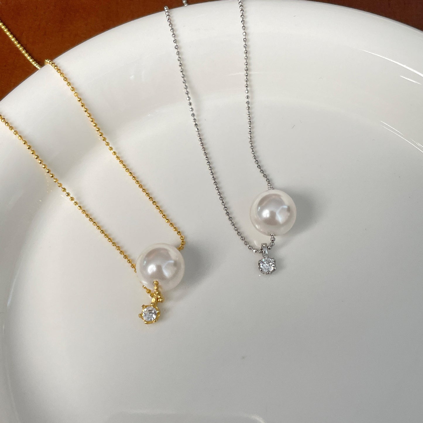 S925 Sterling Silver Single Diamond Imitation Pearl Necklace