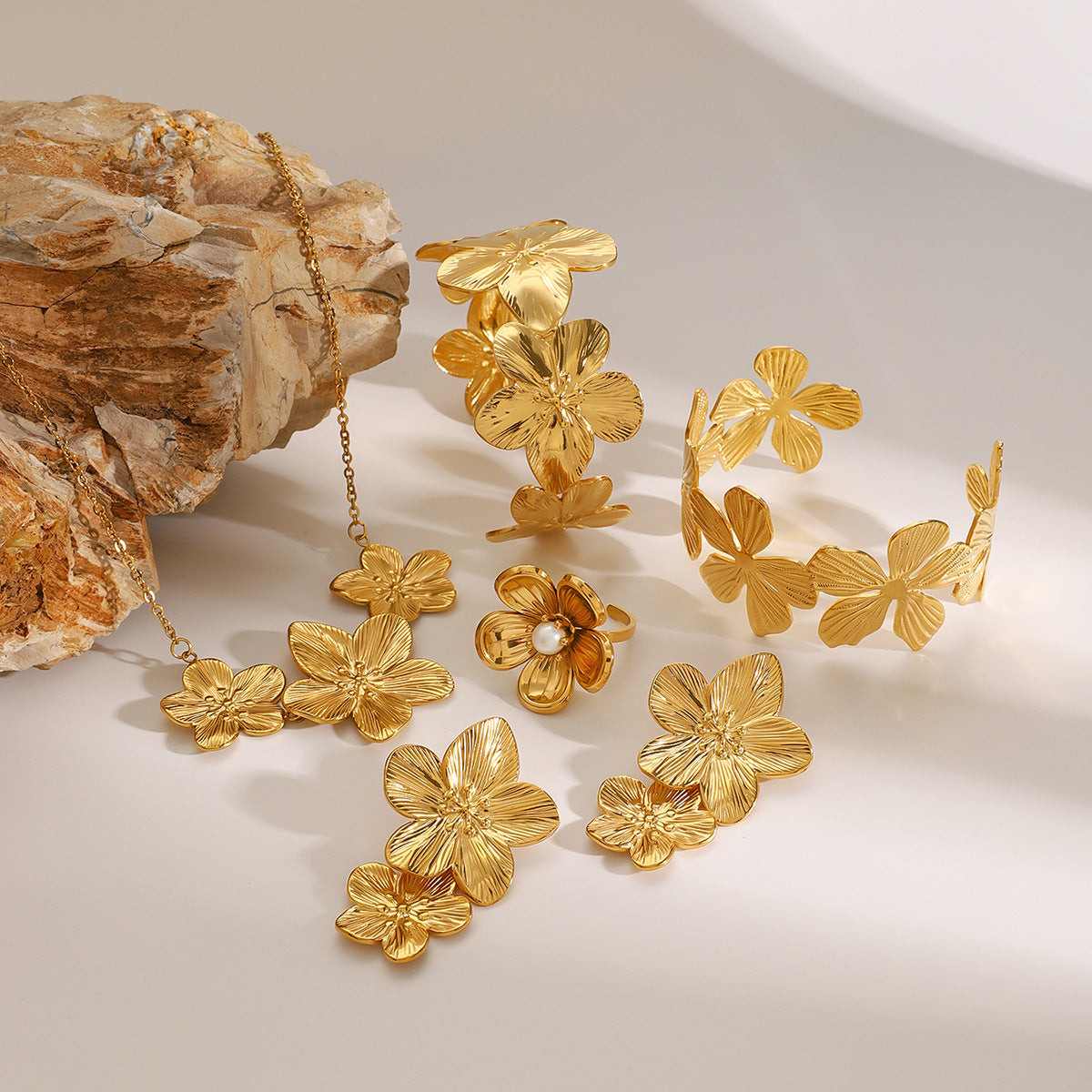 Stainless Steel Flower Necklace Earrings Pearl Ring Open Bracelet