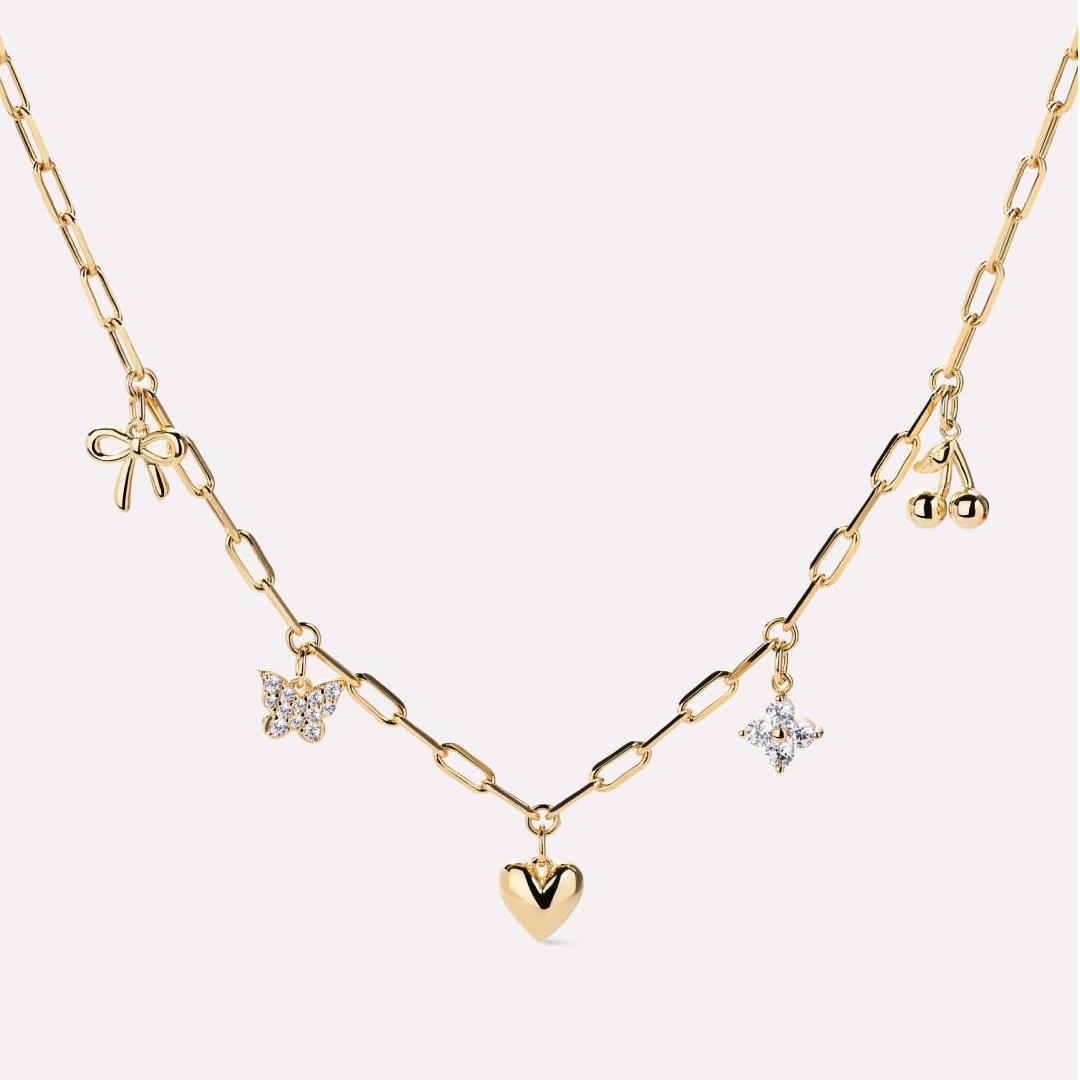 Paper clip chain love bow cherry necklace