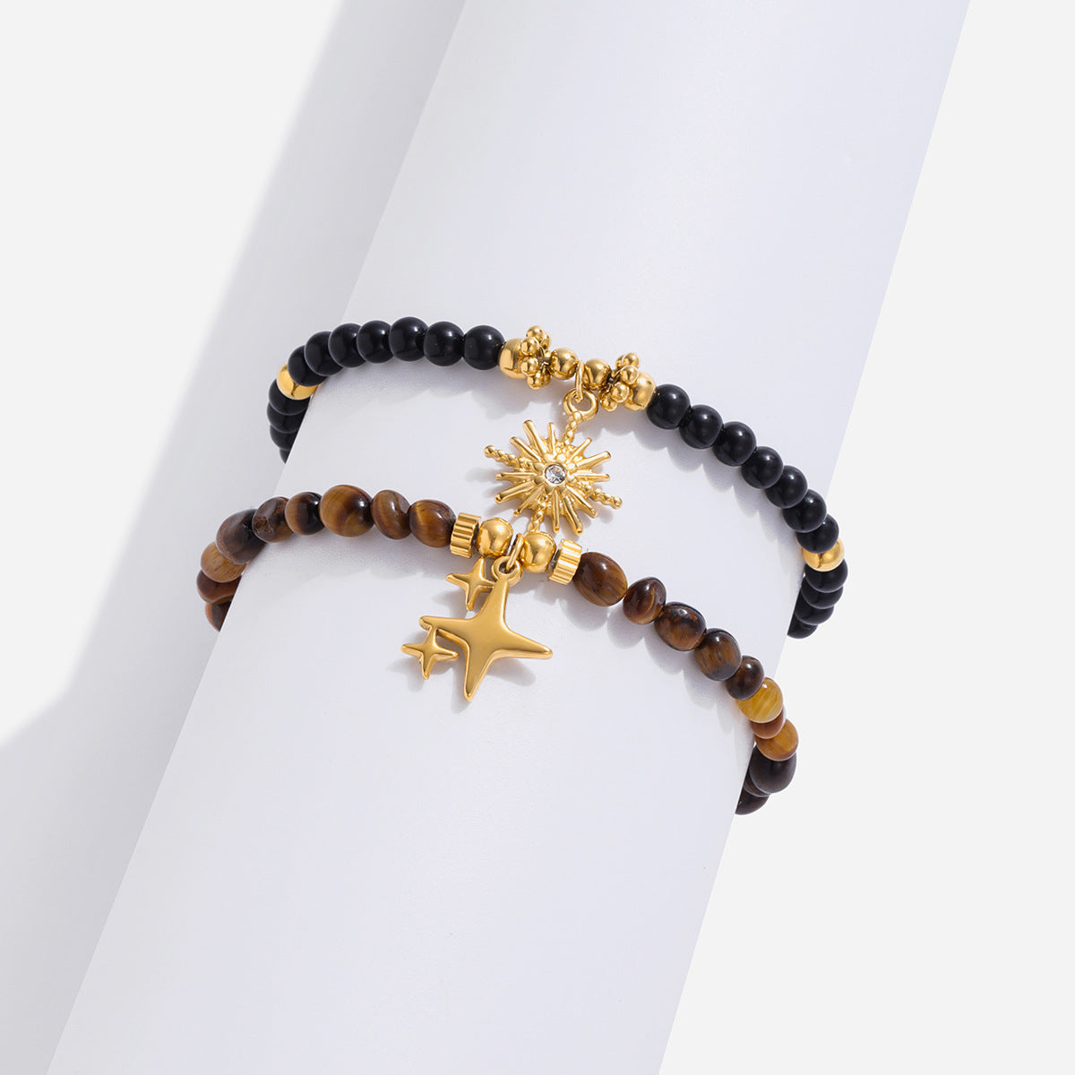 Tiger's eye four-pointed star stainless steel beaded bracelet