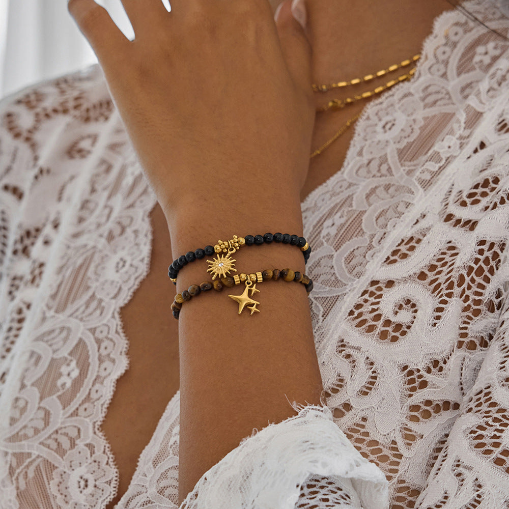 Tiger's eye four-pointed star stainless steel beaded bracelet