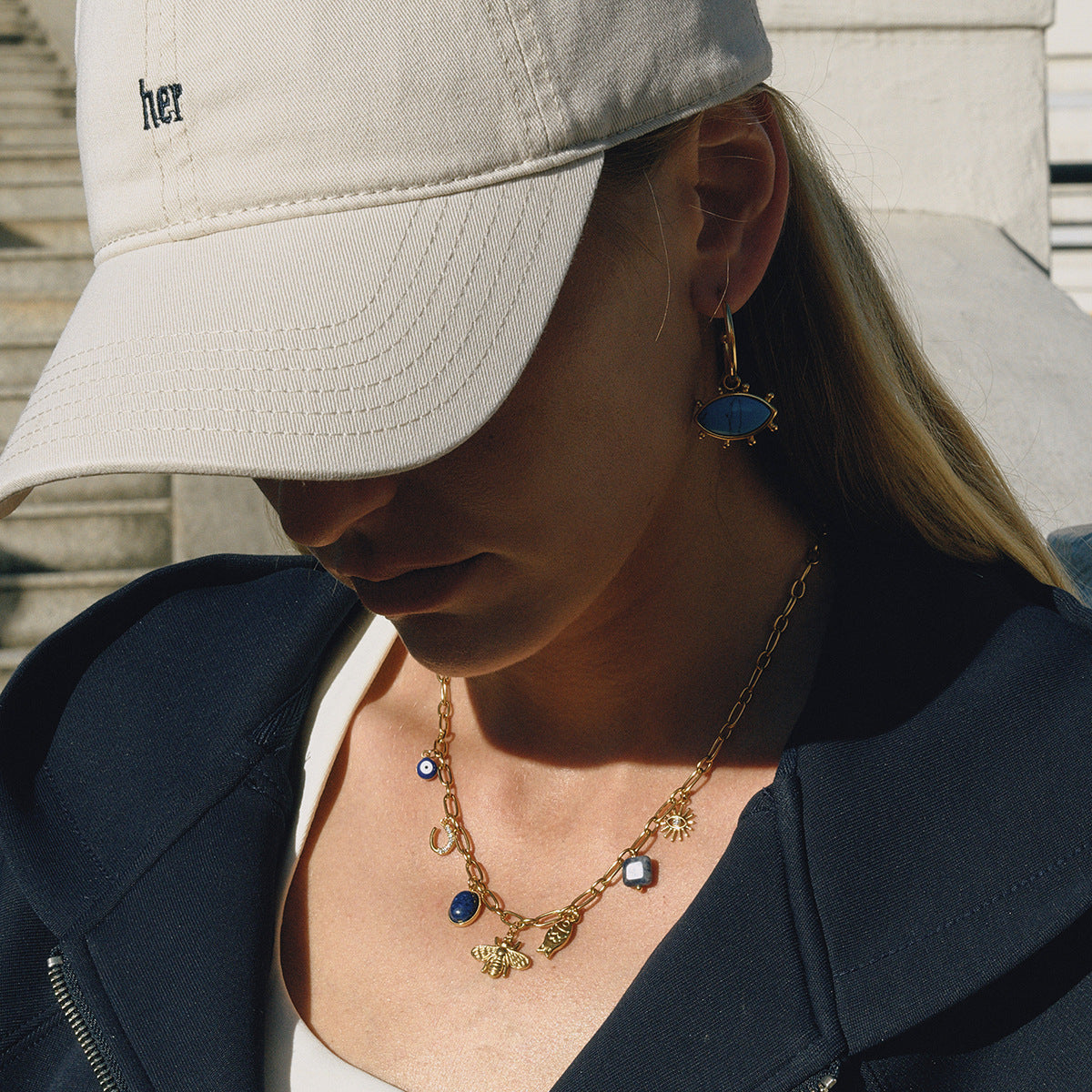 lapis lazuli devil's eye titanium steel necklace