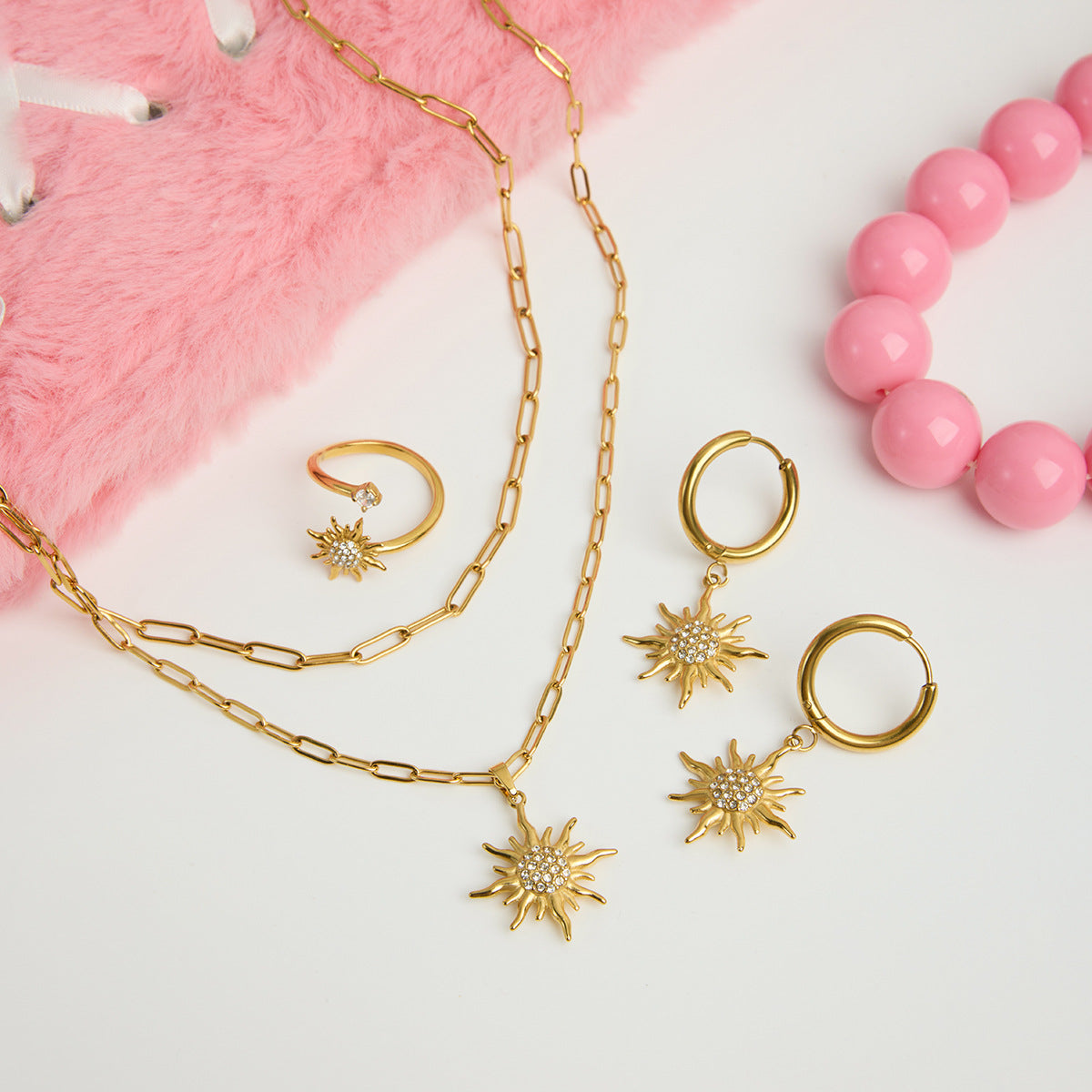 Titanium steel sun necklace ring earrings