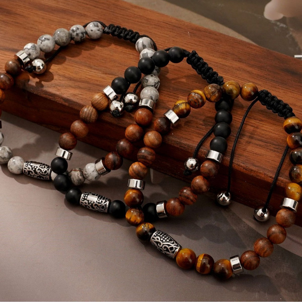 Men's beaded adjustable yellow tiger eye black agate map stone bracelet