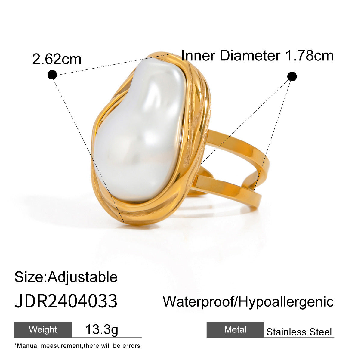 Stainless steel gold pearl ring
