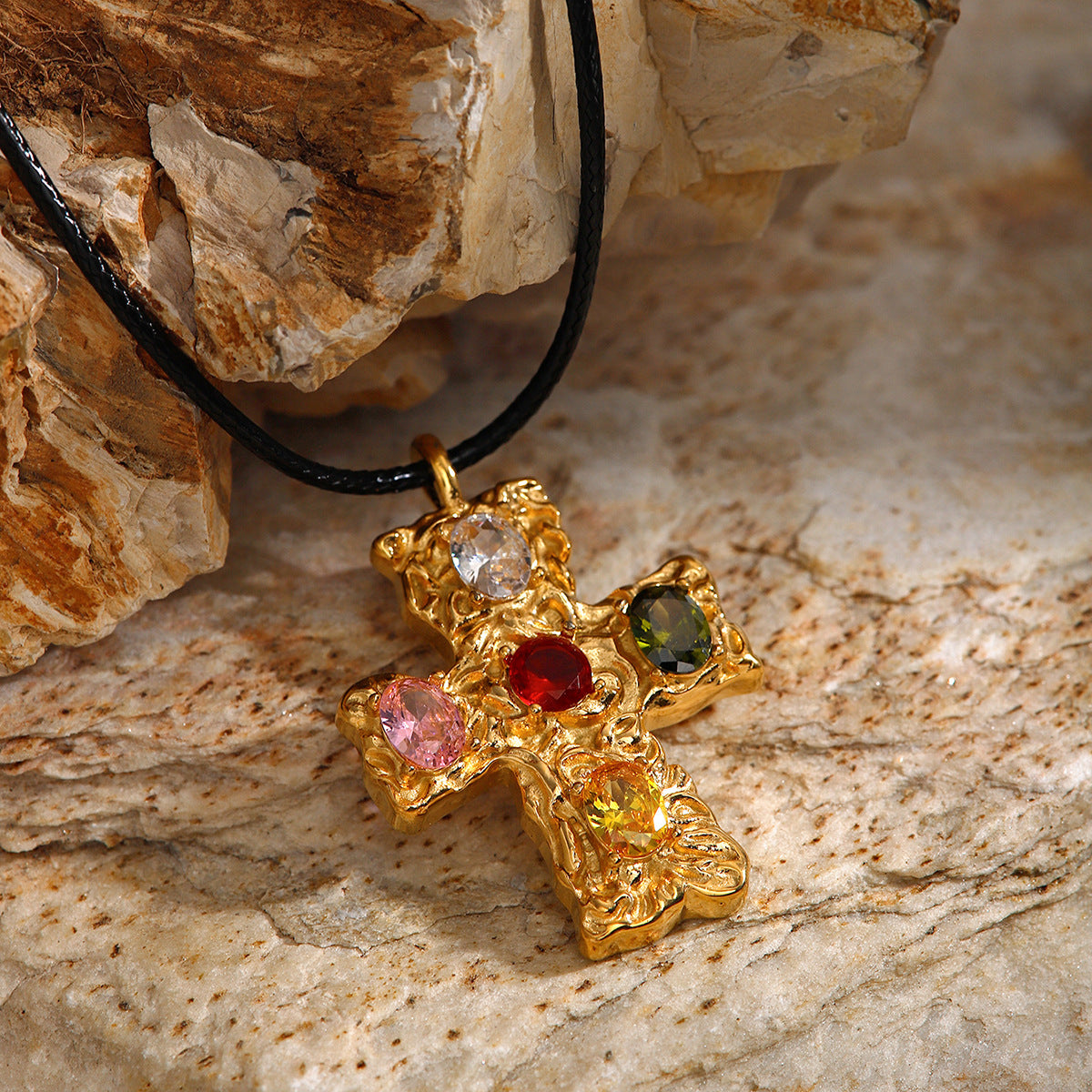 Wax rope Colored stone Hammer cross Stainless steel necklace