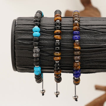 Natural blue and gold yellow tiger eye beaded adjustable men's bracelet