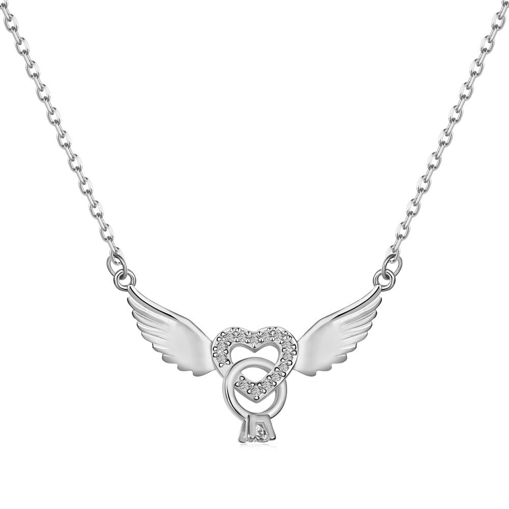 925 sterling silver angel wings full diamond pearl inlay necklace