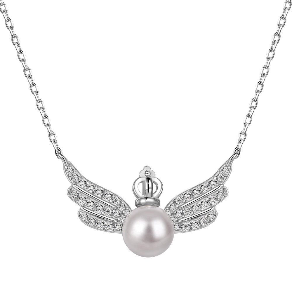 925 sterling silver angel wings full diamond pearl inlay necklace