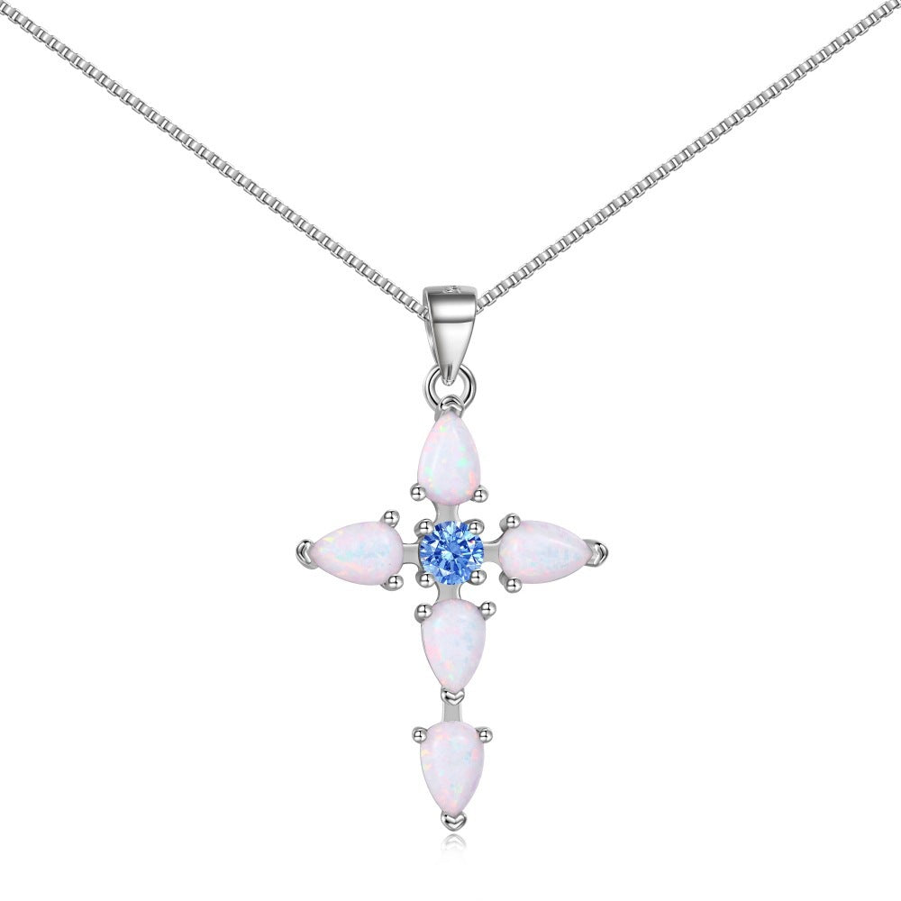 925 sterling silver cross zirconia opal pearl necklace