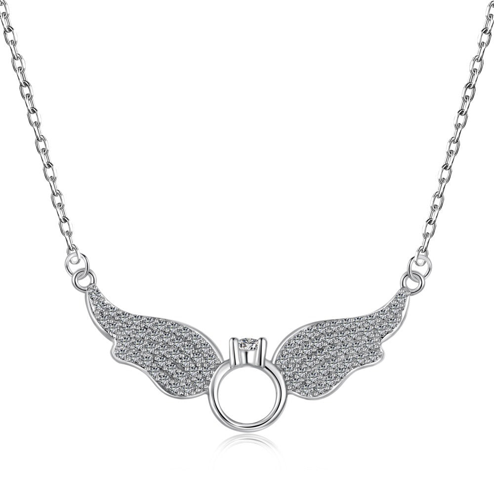 925 sterling silver angel wings full diamond pearl inlay necklace