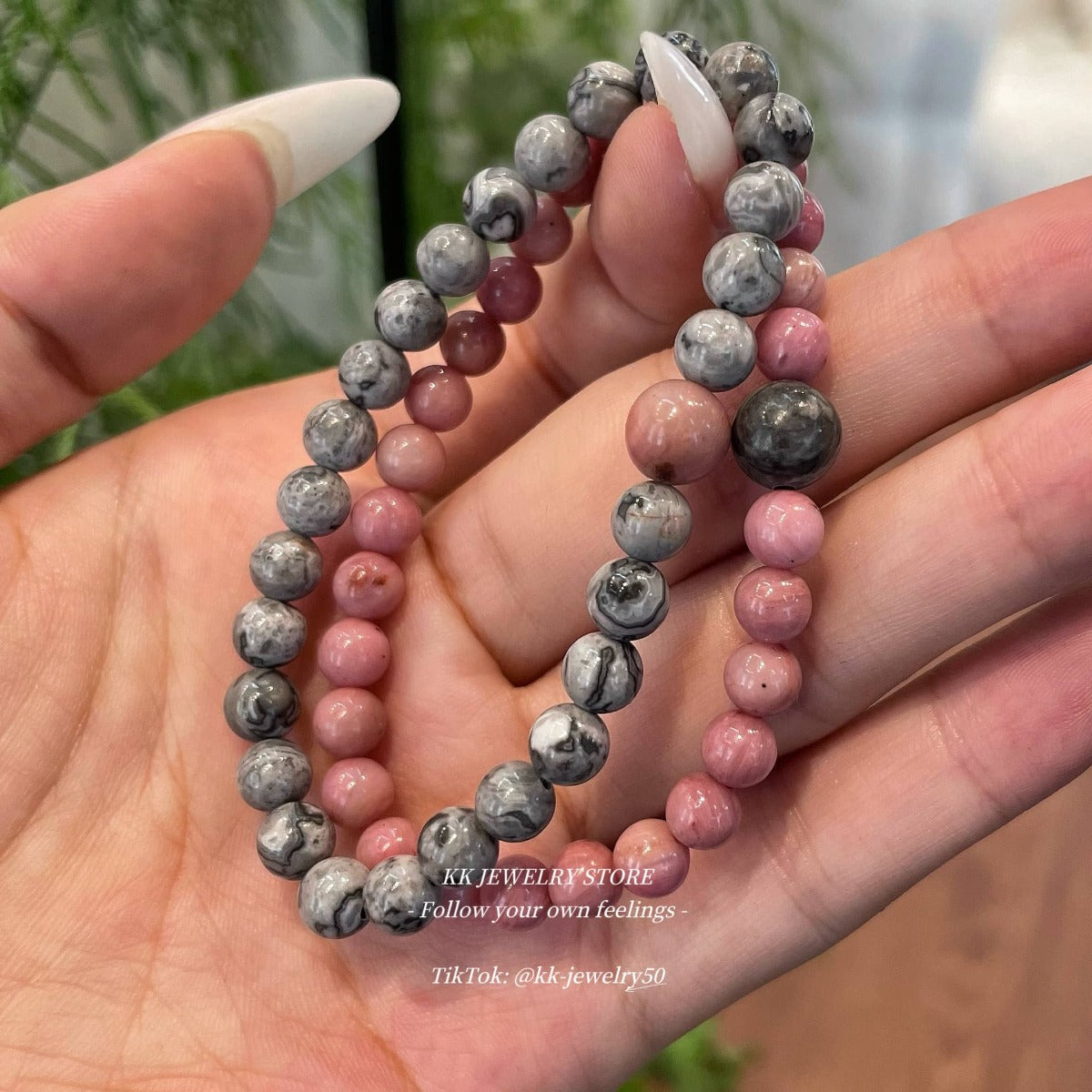 Gray pink natural rosestone map stone bracelet.