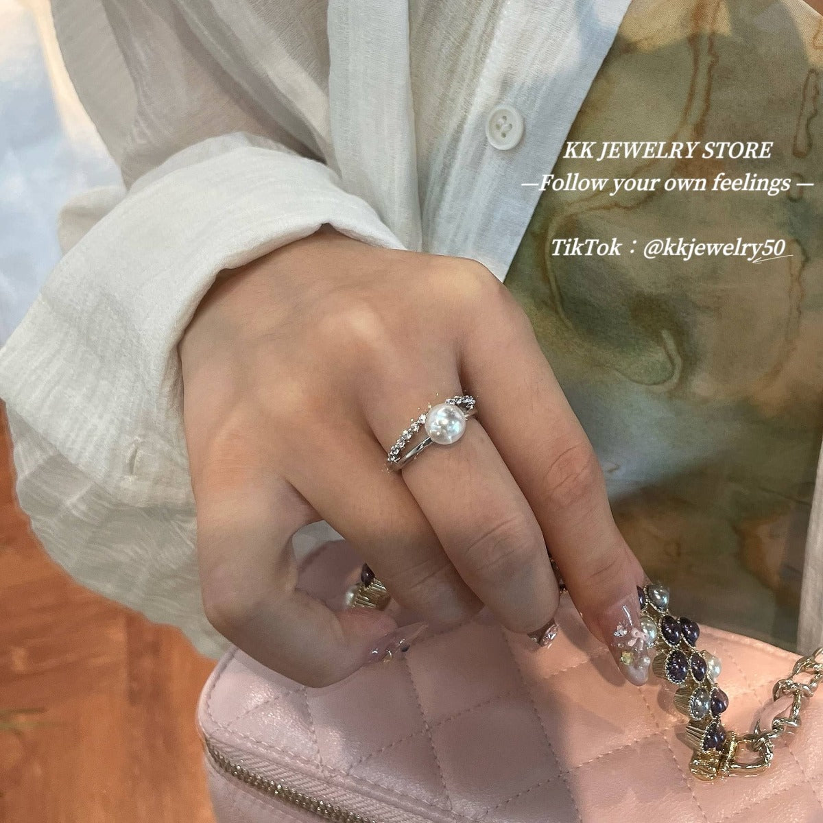 Double Diamond Pearl Open Ring