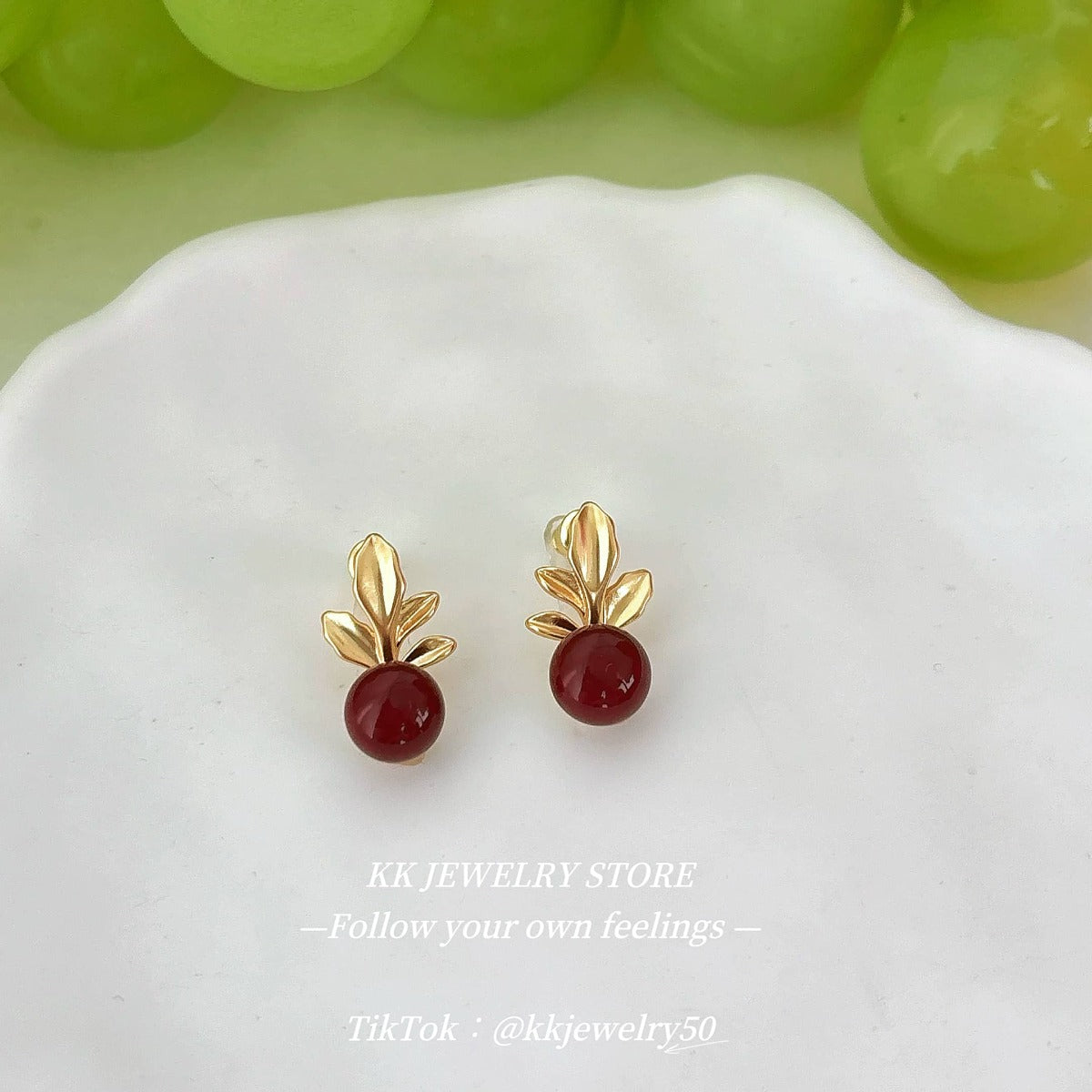 Cherry red pearl leaf stud earrings
