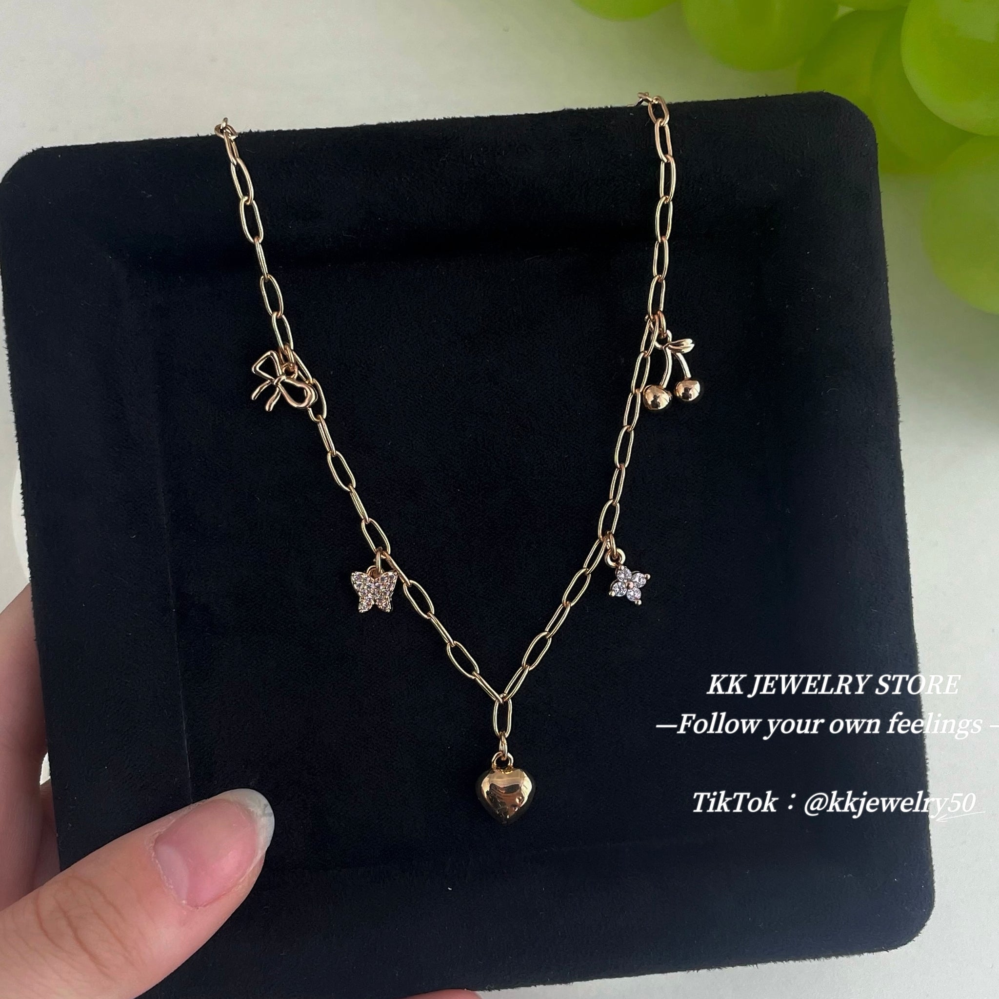 Paper clip chain love bow cherry necklace