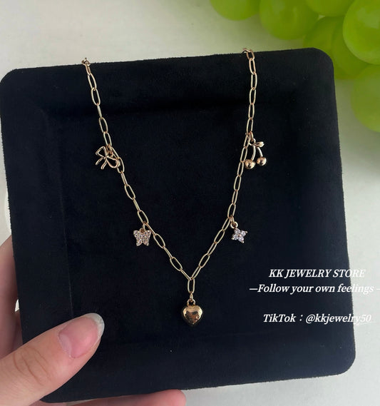 Paper clip chain love bow cherry necklace