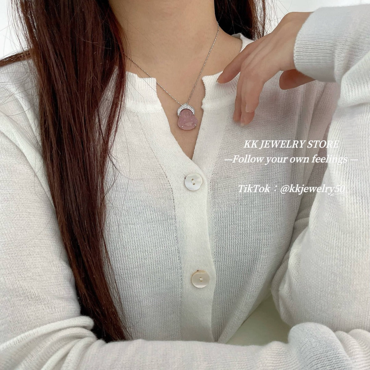 925 Sterling Silver Pink Chalcedony Maitreya Buddha Necklace