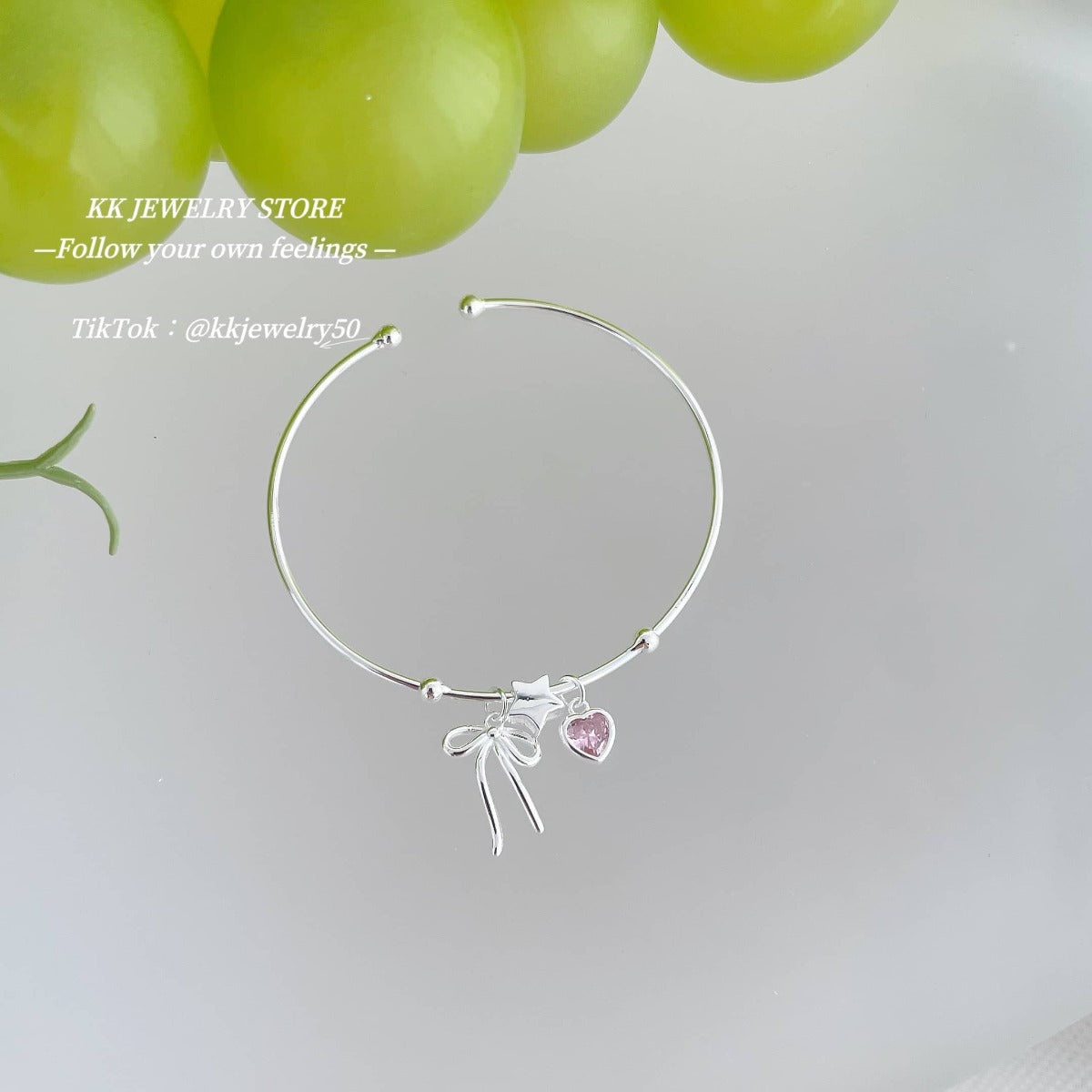 S925 Sterling Silver Star Bow Heart Pink Diamond Bracelet