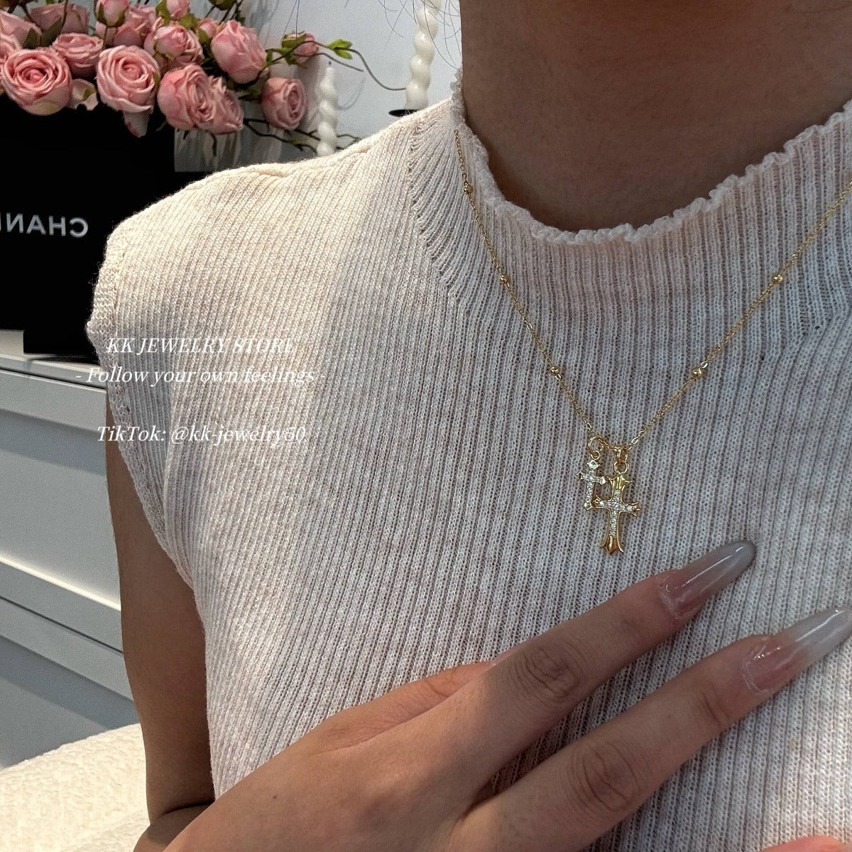 Super Exquisite~ S925 Sterling Silver Gold Double Cross Necklace